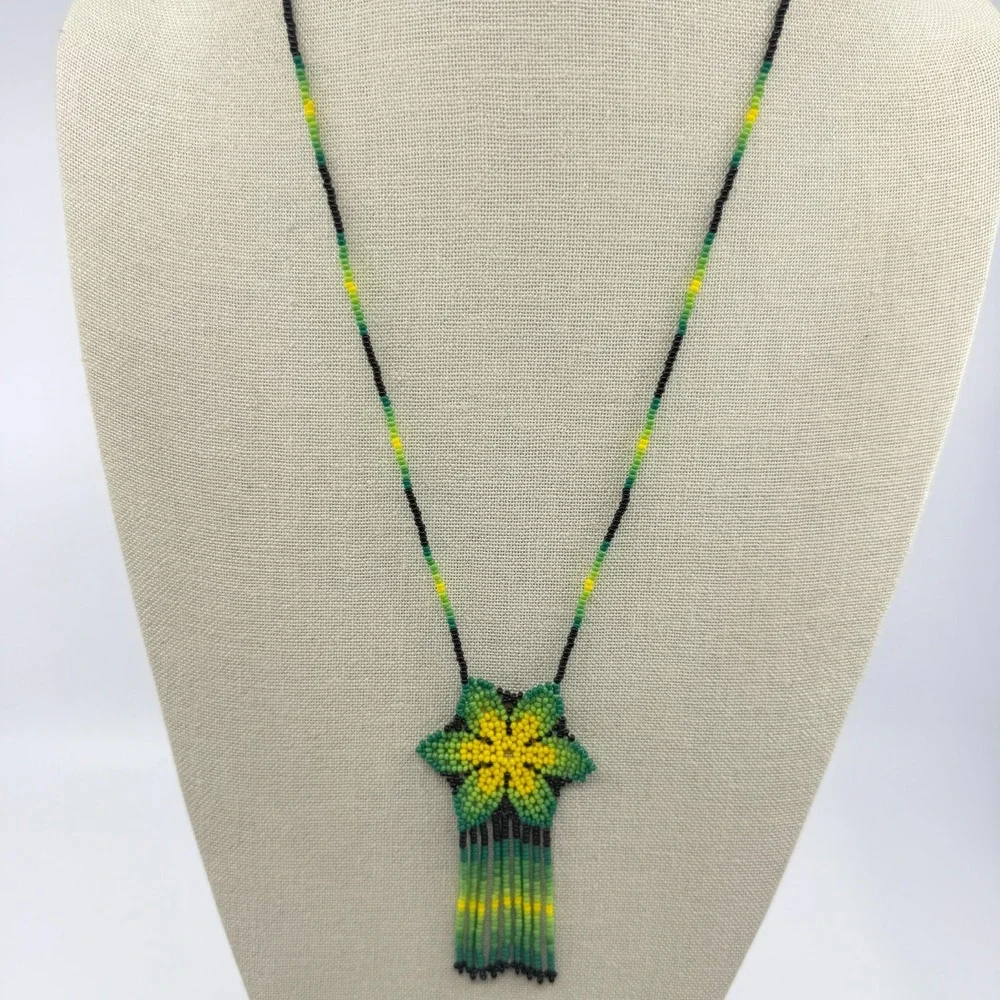 Necklace Green Yellow Seed Bead Floral Fringe Vintage Boho Artisan Statement Bib